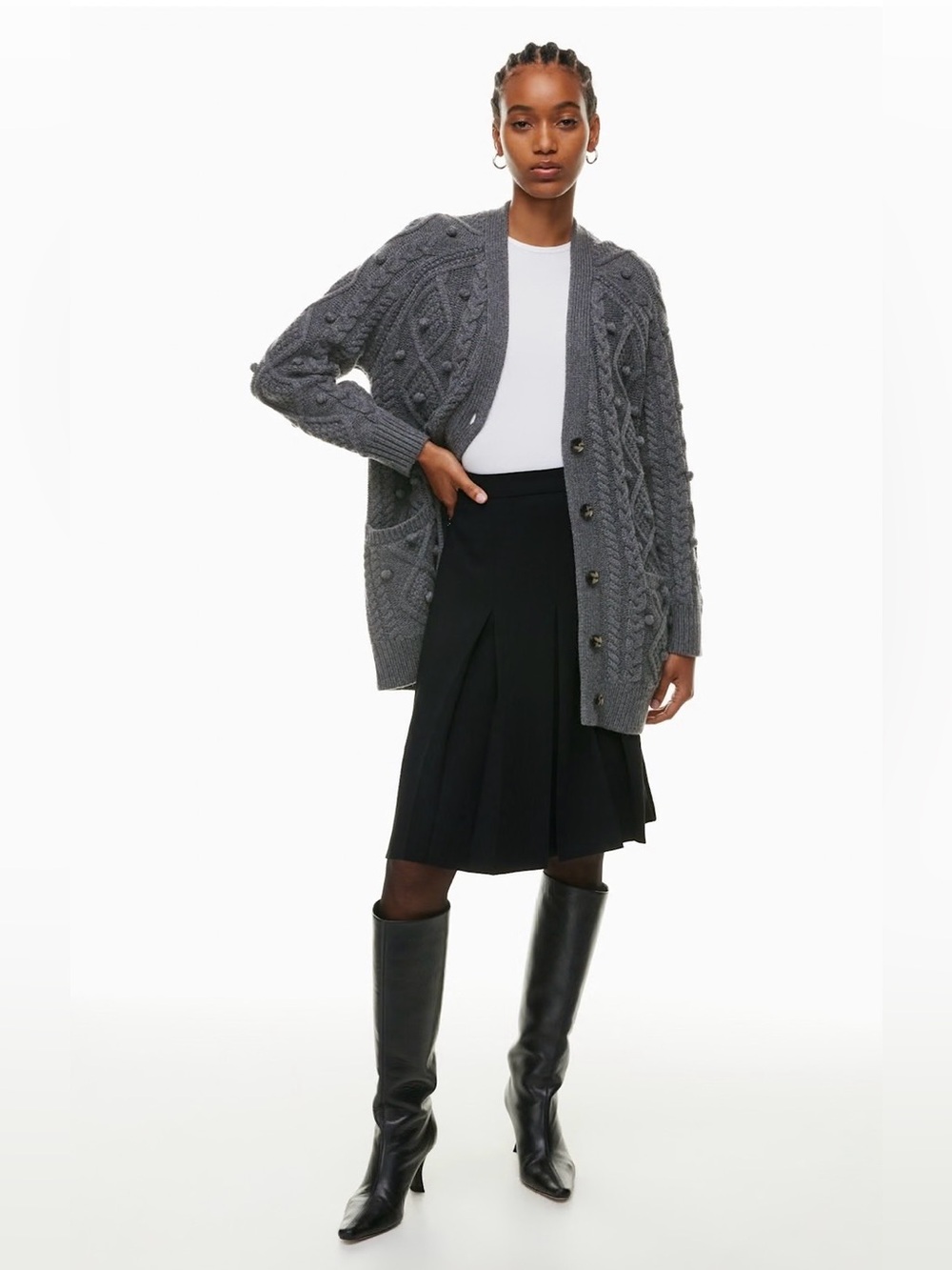 WILFRED Alps Dark Charcoal Bobble Cable Knit Cardigan